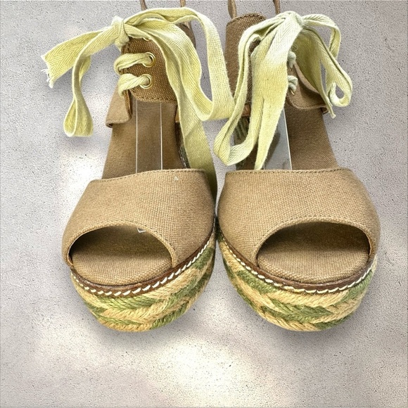 Tory Burch Espadrille Linley Wedge Sandals Brown Canvas with Green/Tan Jute 8M - Picture 7 of 16